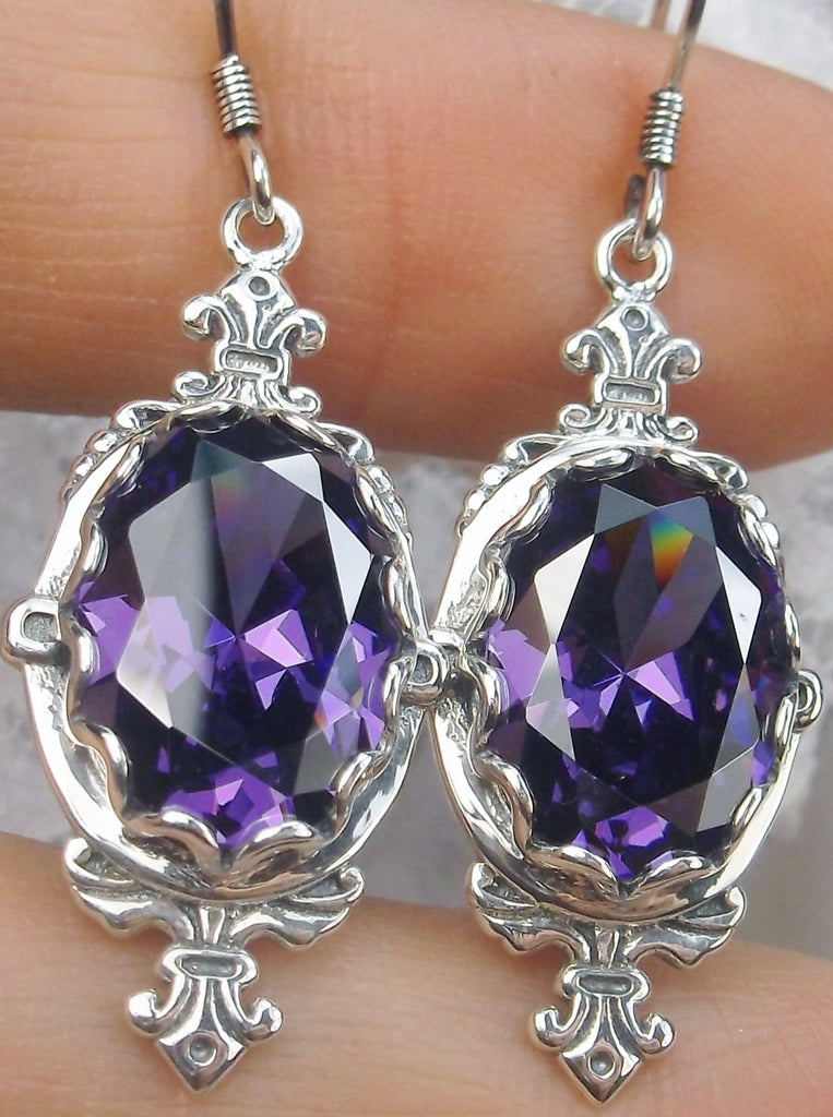 Purple Amethyst Cubic Zirconia (CZ) Earrings Sterling Silver Filigree, Edwardian Jewelry, Pin Design#E18 with traditional Ear Wire Closures