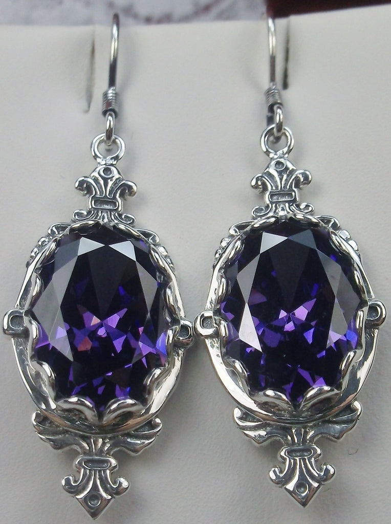 Purple Amethyst  Cubic Zirconia (CZ) Earrings Sterling Silver Filigree, Edwardian Jewelry, Pin Design#E18 with traditional Ear Wire Closures