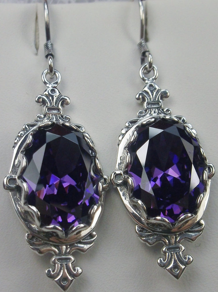 Purple Amethyst Cubic Zirconia (CZ) Earrings Sterling Silver Filigree, Edwardian Jewelry, Pin Design#E18 with traditional Ear Wire Closures