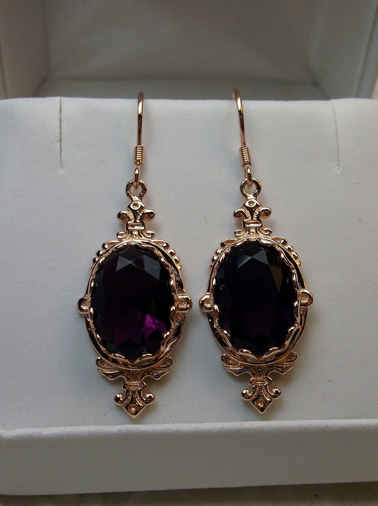 Purple Amethyst Earrings Rose Gold Filigree, Edwardian Jewelry, Pin Design#E18 with traditional Ear Wire Closures