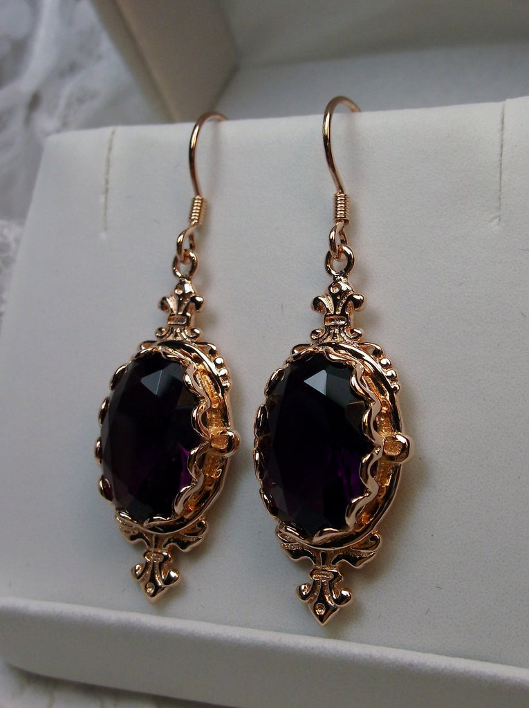 Purple Amethyst Earrings Rose Gold Filigree, Edwardian Jewelry, Pin Design#E18 with traditional Ear Wire Closures