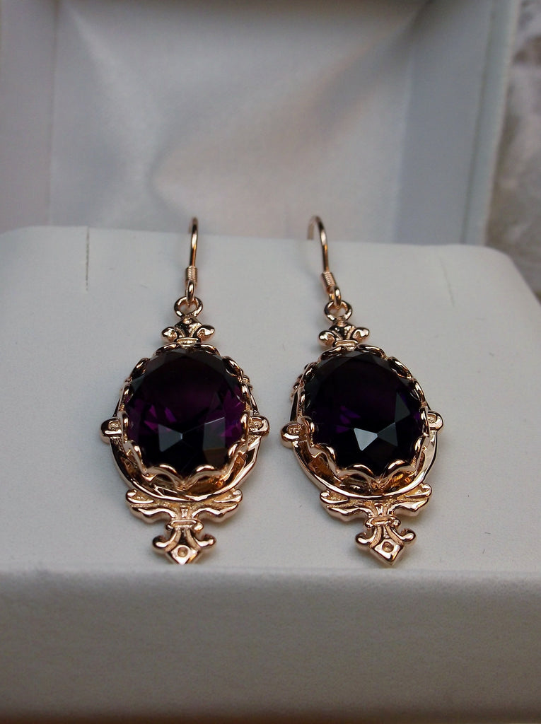Purple Amethyst Earrings Rose Gold Filigree, Edwardian Jewelry, Pin Design#E18 with traditional Ear Wire Closures