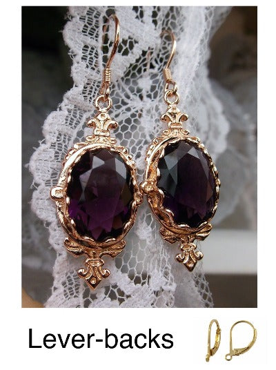 Purple Amethyst Earrings, Rose Gold Plated Sterling Silver Filigree, Victorian Jewelry, Pin Design P18