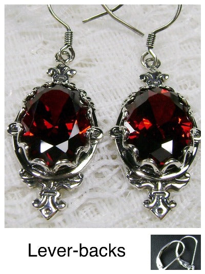 Red Garnet CZ Earrings, Sterling Silver Filigree, Victorian Jewelry, Pin Design P18