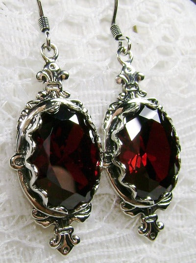 Red Garnet CZ Earrings, Sterling Silver Filigree, Victorian Jewelry, Pin Design P18