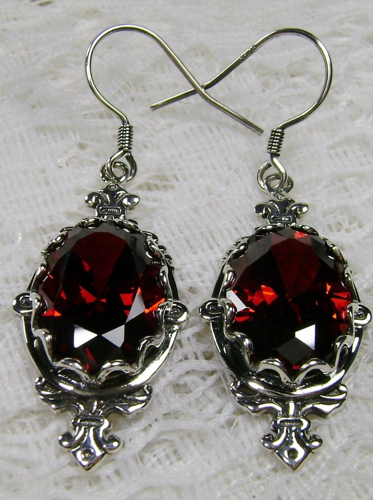 Red Garnet Cubic Zirconia (CZ) Earrings, Sterling Silver Filigree, Victorian Jewelry, Pin Design P18