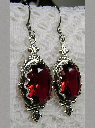 Red Ruby Earrings, Sterling Silver Filigree, Victorian Jewelry, Pin Design P18