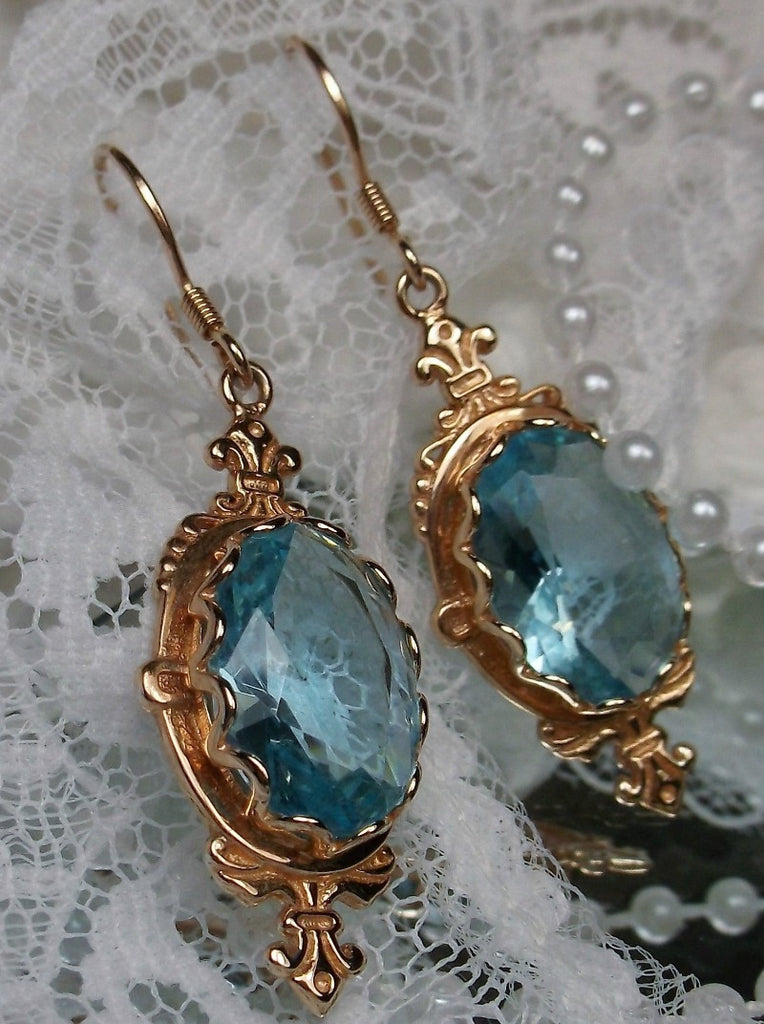 Sky Blue Aquamarine Earrings, Rose Gold plated Sterling Silver Filigree, Victorian Jewelry, Pin Design P18