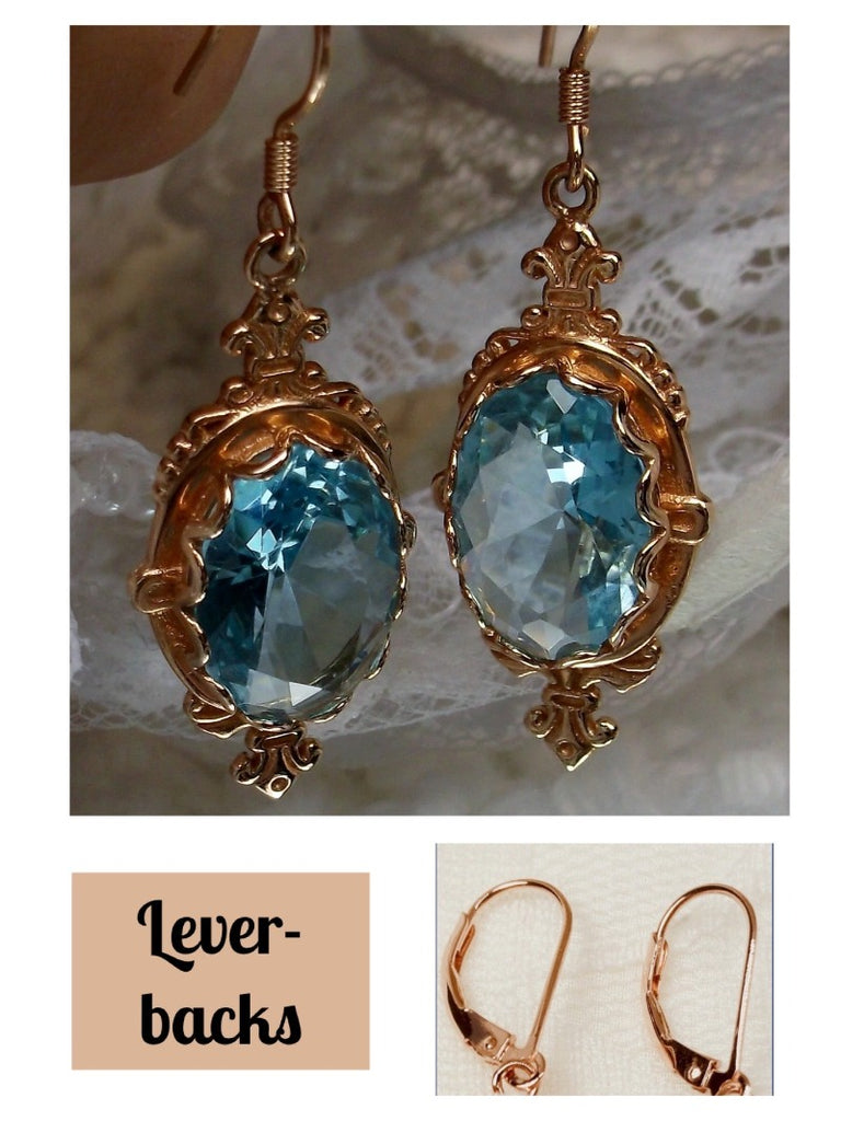 Sky Blue Aquamarine Earrings, Rose Gold plated Sterling Silver Filigree, Victorian Jewelry, Pin Design P18