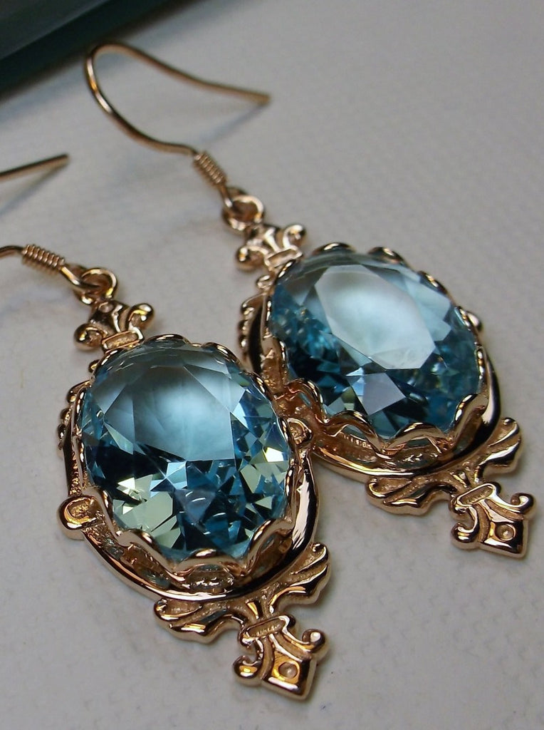 Sky Blue Aquamarine Earrings, Rose Gold plated Sterling Silver Filigree, Victorian Jewelry, Pin Design P18