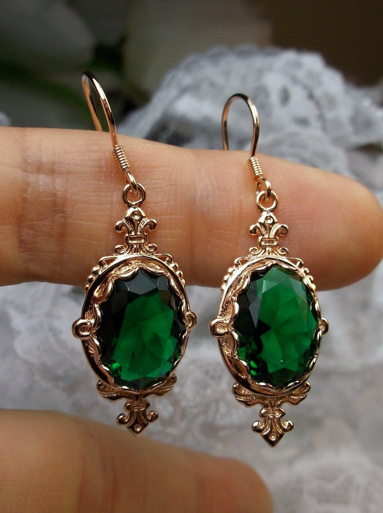 Green Emerald Earrings, Rose Gold plated over Sterling Silver Filigree, Victorian Jewelry, Silver Embrace Jewelry Pin Design P18
