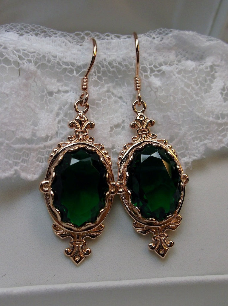 Green Emerald Earrings, Rose Gold plated over Sterling Silver Filigree, Victorian Jewelry, Silver Embrace Jewelry Pin Design P18