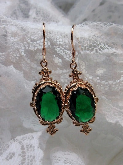 Green Emerald Earrings, Rose Gold plated Sterling Silver Filigree, Victorian Jewelry, Pin Design P18