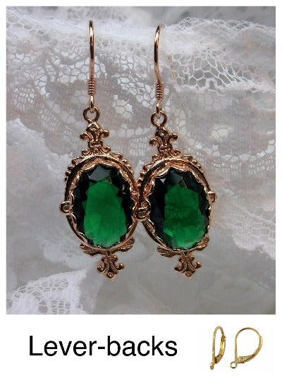 Green Emerald Earrings, Rose Gold Plated Sterling Silver Filigree, Victorian Jewelry, Pin Design P18