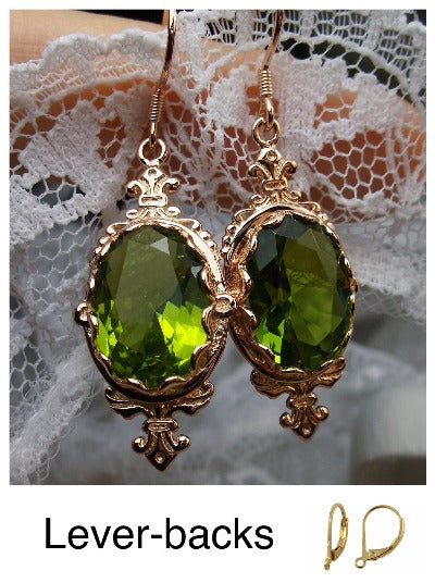 Green Peridot Earrings, Rose Gold Plated Sterling Silver Filigree, Victorian Jewelry, Pin Design P18
