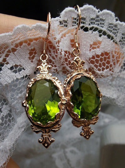 Green Peridot Earrings, Rose Gold plated Sterling Silver Filigree, Victorian Jewelry, Pin Design P18