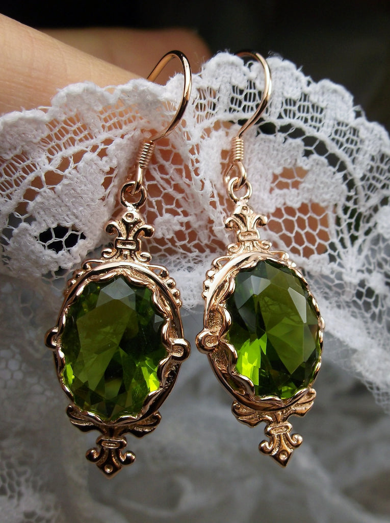 Green Peridot Earrings, Rose Gold Filigree, Victorian Jewelry, Pin Design P18
