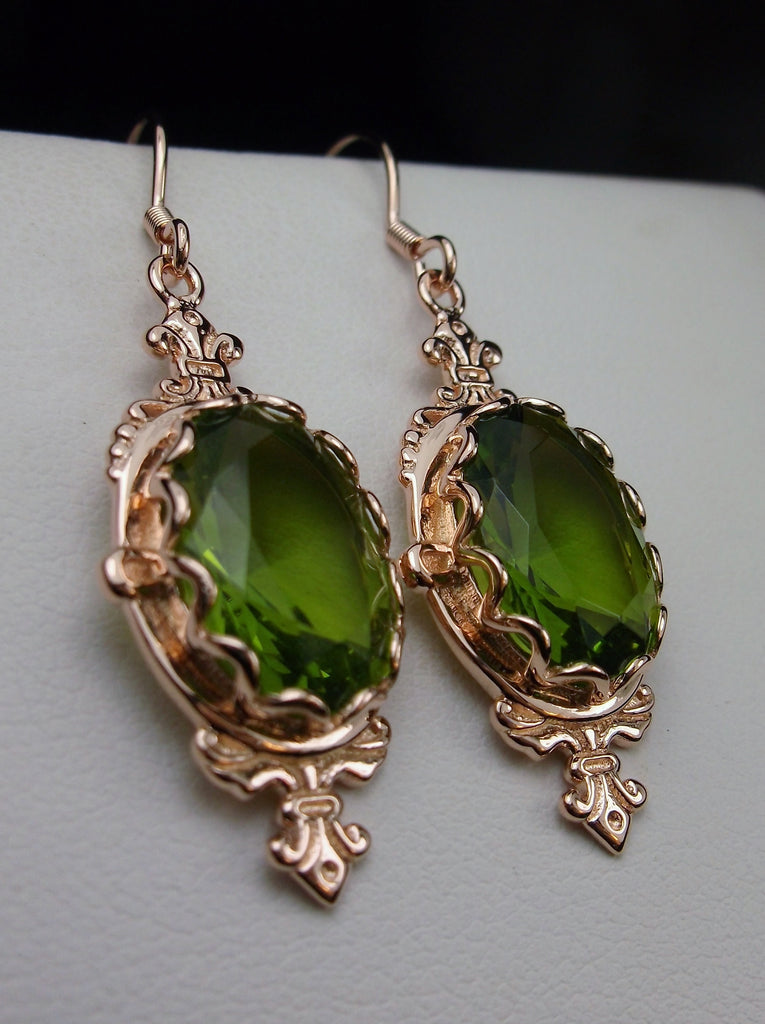 Green Peridot Earrings, Rose Gold Filigree, Victorian Jewelry, Pin Design P18