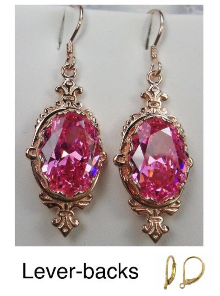 Pink CZ Earrings, Rose Gold Plated Sterling Silver Filigree, Victorian Jewelry, Pin Design P18
