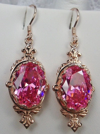 Pink CZ Earrings, Rose Gold plated Sterling Silver Filigree, Victorian Jewelry, Pin Design P18
