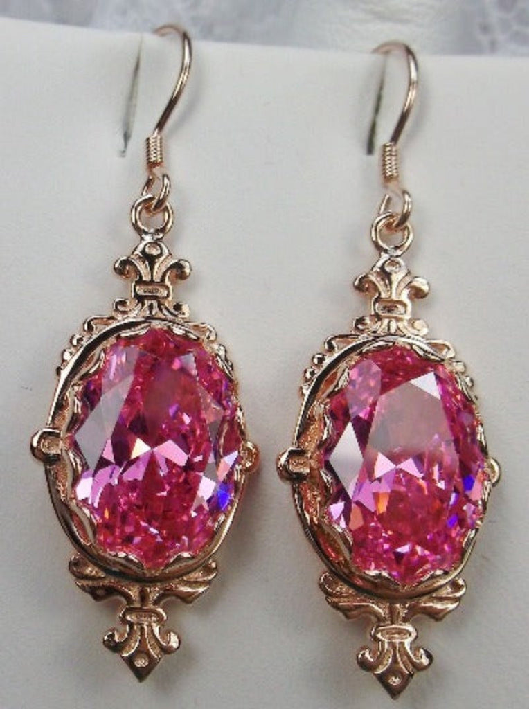 Pink CZ Earrings, Rose Gold plated Sterling Silver Filigree, Victorian Jewelry, Silver Embrace Jewelry, Pin Design P18