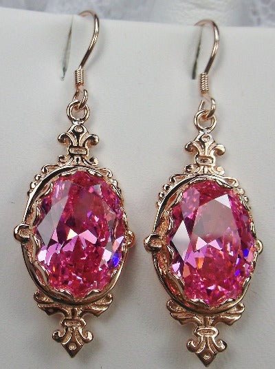 Pink Cubic Zirconia Earrings, Rose Gold Plated Sterling Silver Filigree, Victorian Jewelry, Pin Design P18