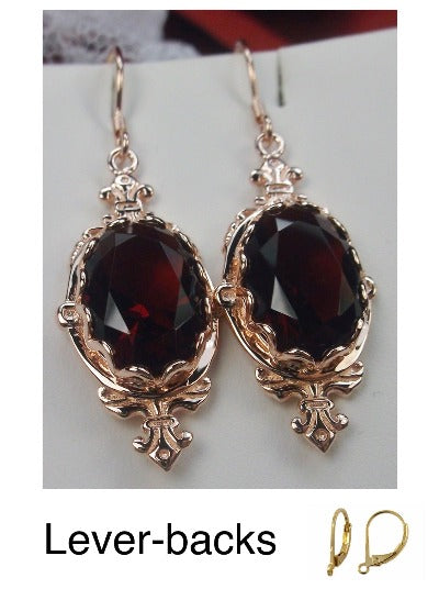 Red Garnet CZ Earrings, Rose Gold Plated Sterling Silver Filigree, Victorian Jewelry, Pin Design P18