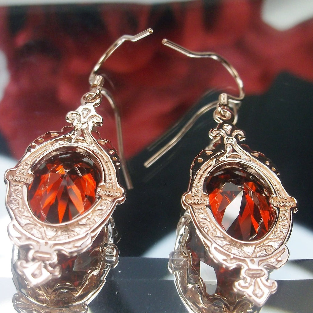 Red Garnet CZ Earrings, Rose Gold plated Sterling Silver Filigree, Victorian Jewelry, Silver Embrace Jewelry Pin Design P18