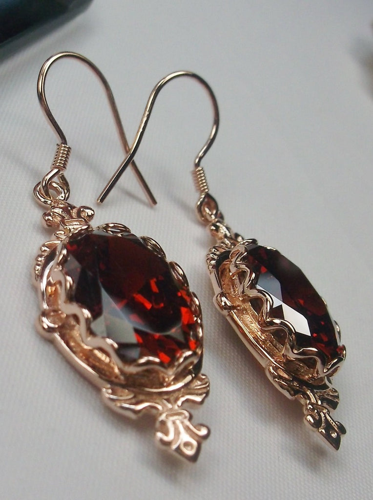 Red Garnet CZ Earrings, Rose Gold plated Sterling Silver Filigree, Victorian Jewelry, Silver Embrace Jewelry Pin Design P18