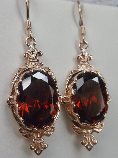 Red Garnet CZ Earrings, Rose Gold plated Sterling Silver Filigree, Victorian Jewelry, Pin Design P18