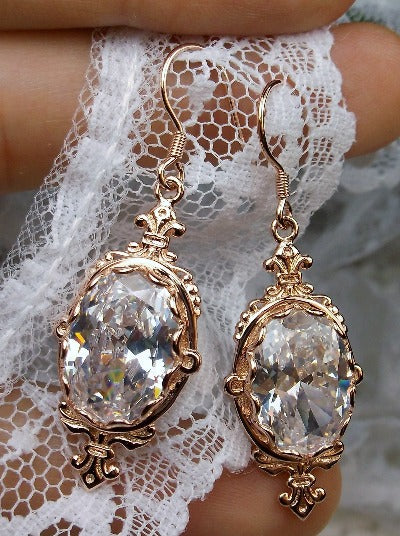 White CZ Earrings, Rose Gold plated Sterling Silver Filigree, Victorian Jewelry, Pin Design P18