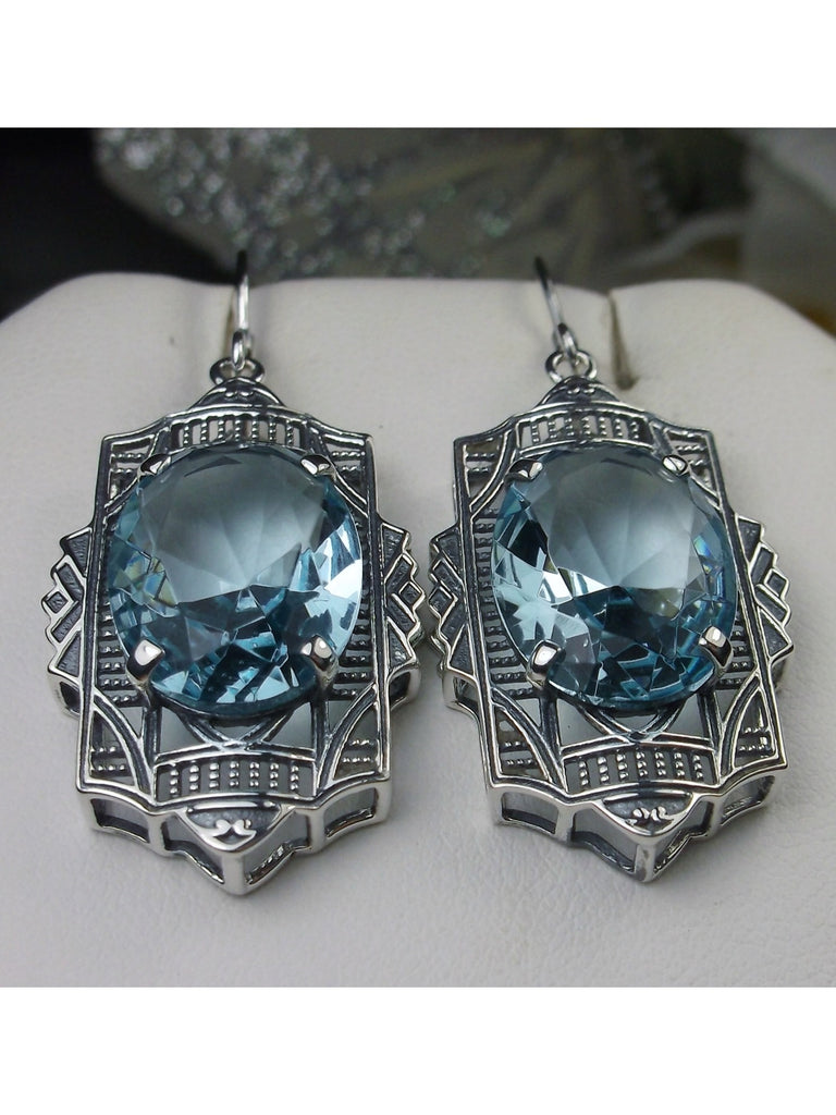 Sky Blue Aquamarine Earrings, oval gemstones, Silver Art Deco Filigree, Vintage Jewelry