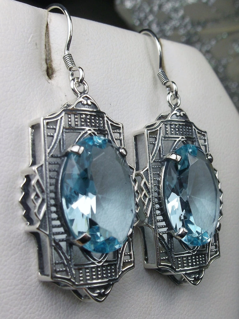 Sky Blue Aquamarine Earrings, oval gemstones, Silver Art Deco Filigree, Vintage Jewelry