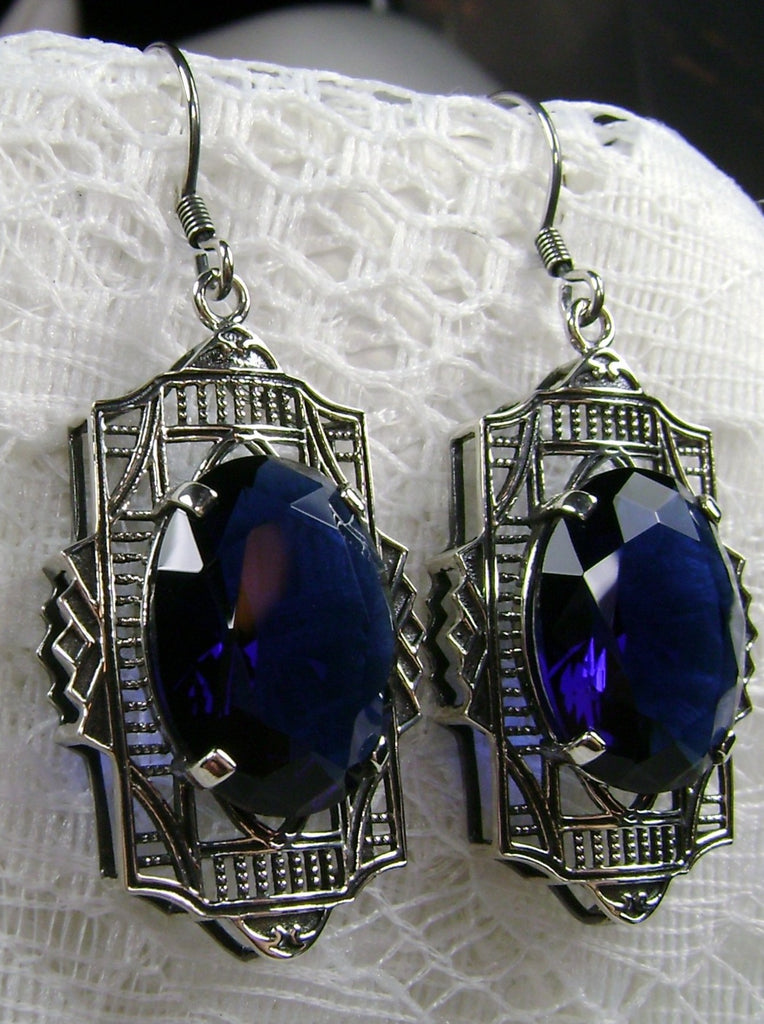 Blue Sapphire earrings, Silver art deco filigree, traditional wires