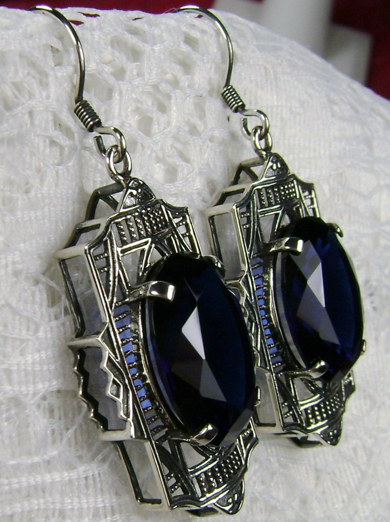 Blue Sapphire earrings, Silver art deco filigree, traditional wires