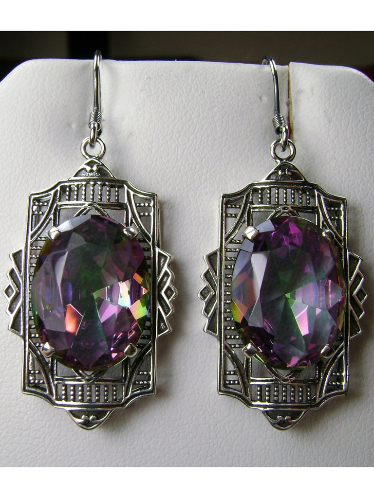 Mystic Topaz earrings, Silver art deco filigree, traditional wires
