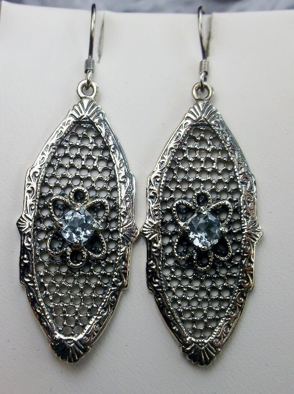 Aquamarine Earrings, Flower Star Earrings, Round Gem, Sterling Silver Filigree, Vintage Jewelry, Silver Embrace Jewelry E20
