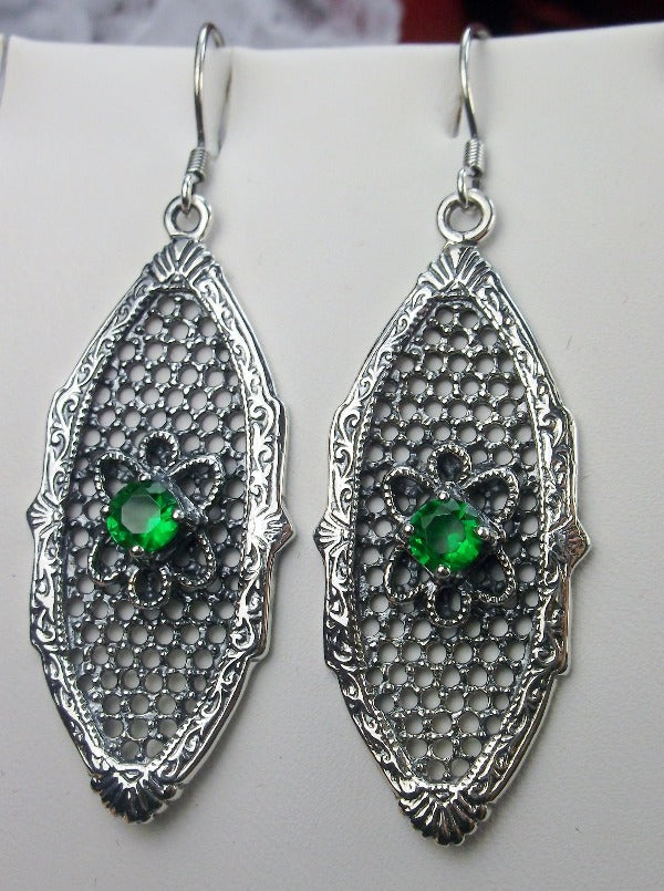 Green Emerald, Flower Star Earrings, Sterling Silver Filigree, Round Gems, Vintage Jewelry, Silver Embrace Jewelry, E20