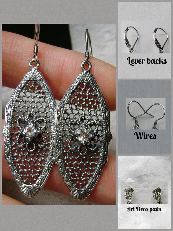 White Cubic Zirconia (CZ)  Earrings, Flower Star Earrings, Sterling Silver Filigree, Round Gems, Vintage Jewelry, Silver Embrace Jewelry, E20 Choice of Leverbacks, Wires, or Art Deco Posts