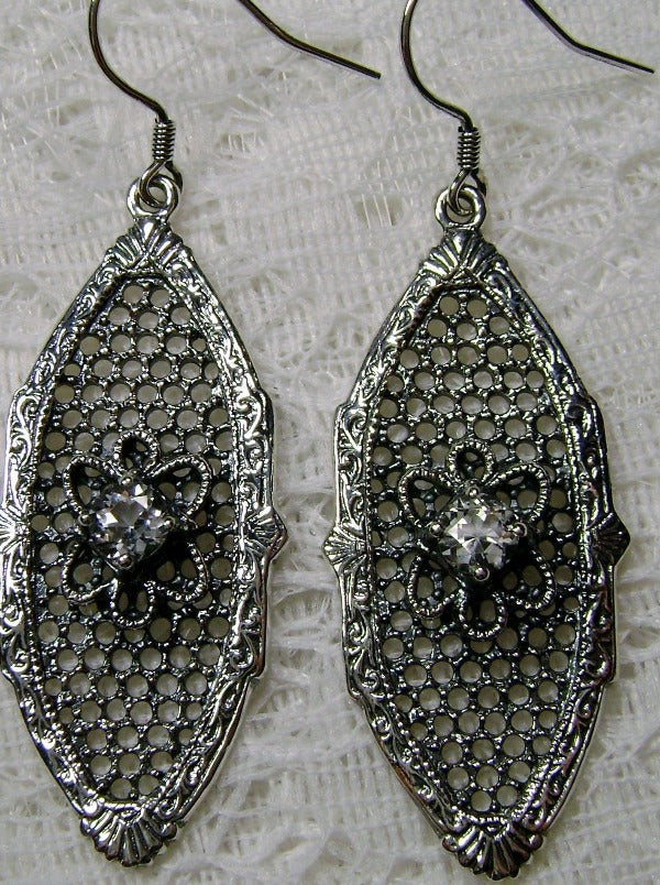 White CZ (Cubic Zirconia) Earrings, Flower Star Earrings, Sterling Silver Filigree, Round Gems, Vintage Jewelry, Silver Embrace Jewelry, E20