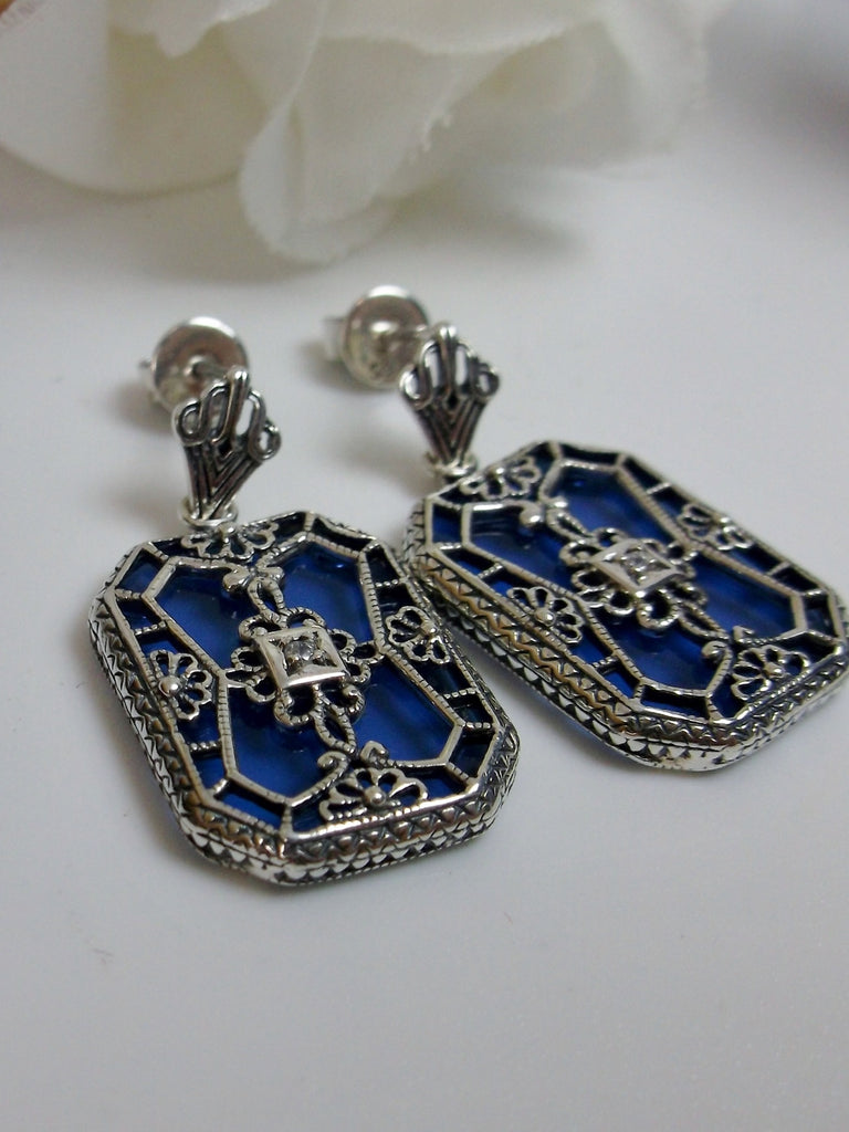 Blue Sapphire Stained Glass Earring, Sterling silver Filigree, Silver Embrace Jewelry, E203