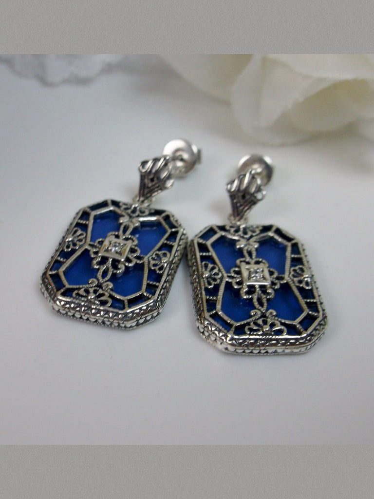 Blue Sapphire Camphor Glass Earrings, Stained Glass, Art Deco Jewelry, Silver Embrace Jewelry