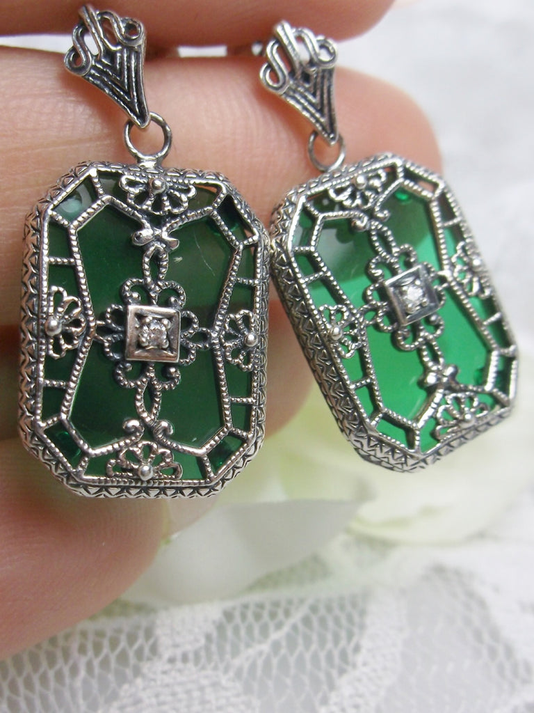 Green Emerald Camphor Glass Earrings, Stained Glass, Art Deco Jewelry, Silver Embrace Jewelry