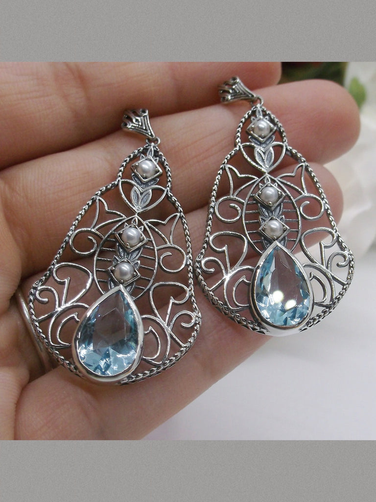 Sky-Blue Aquamarine Earrings with Pearl Accents, Lavalier Earrings, Sterling Silver Filigree, Victorian Jewelry, Silver Embrace Jewelry E22