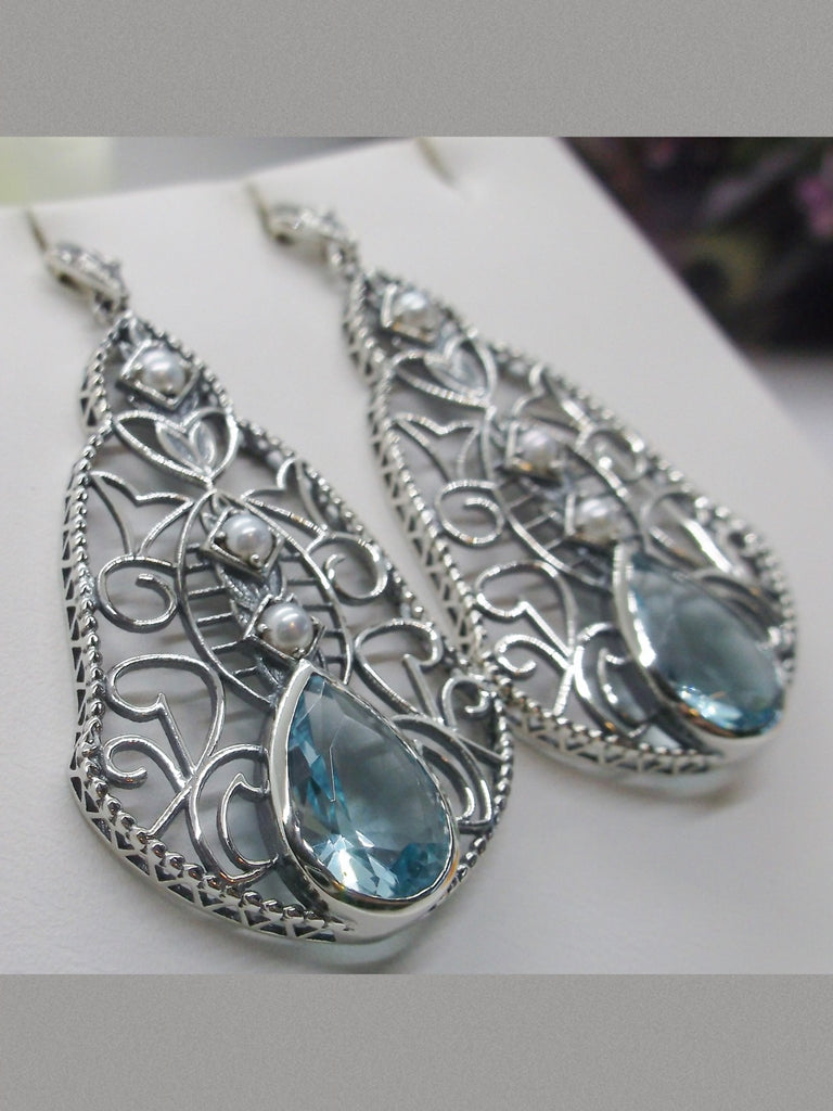 Sky-Blue Aquamarine Earrings with Pearl Accents, Lavalier Earrings, Sterling Silver Filigree, Victorian Jewelry, Silver Embrace Jewelry E22