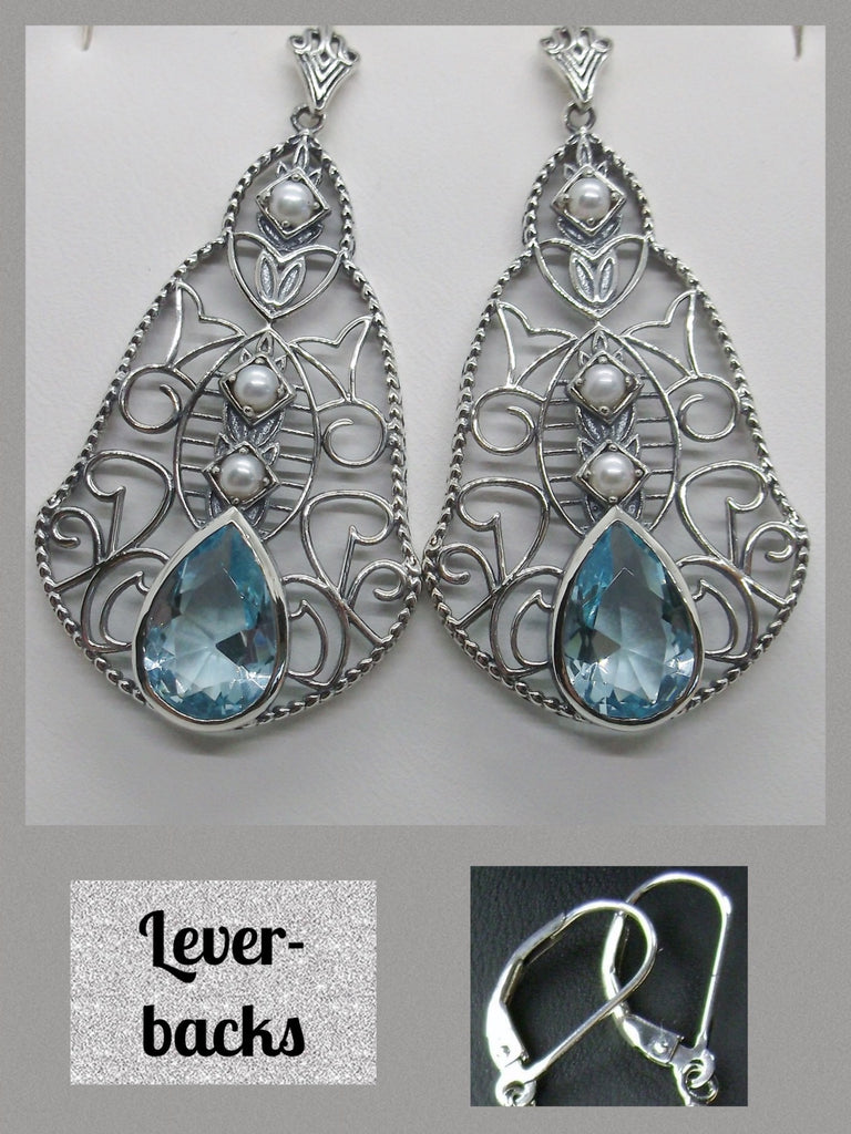 Sky Blue Aquamarine Earrings with Pearl Accents, Lavalier Earrings, Sterling Silver Filigree, Victorian Jewelry, Silver Embrace Jewelry E22