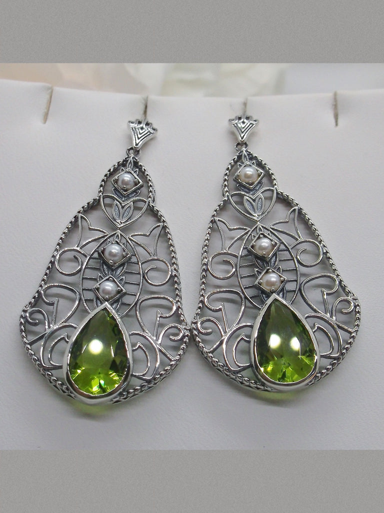Green Peridot Earrings with Pearl Accents, Lavalier Earrings, Sterling Silver Filigree, Victorian Jewelry, Silver Embrace Jewelry E22