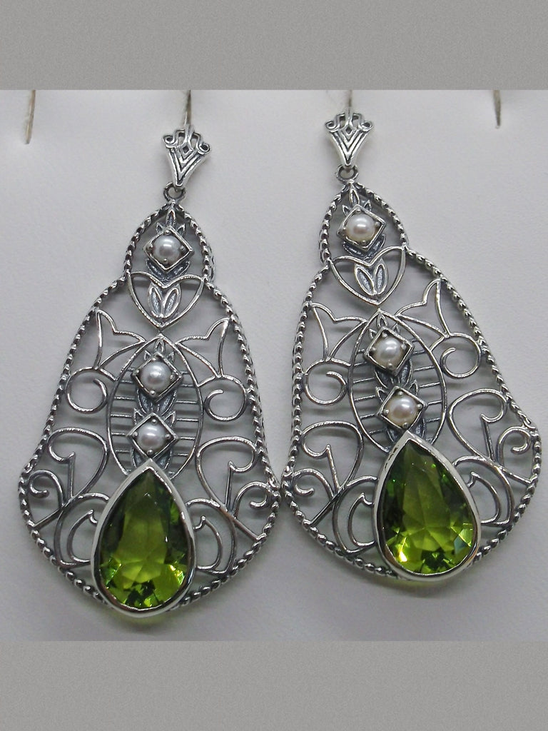 Green Peridot Earrings with Pearl Accents, Lavalier Earrings, Sterling Silver Filigree, Victorian Jewelry, Silver Embrace Jewelry E22