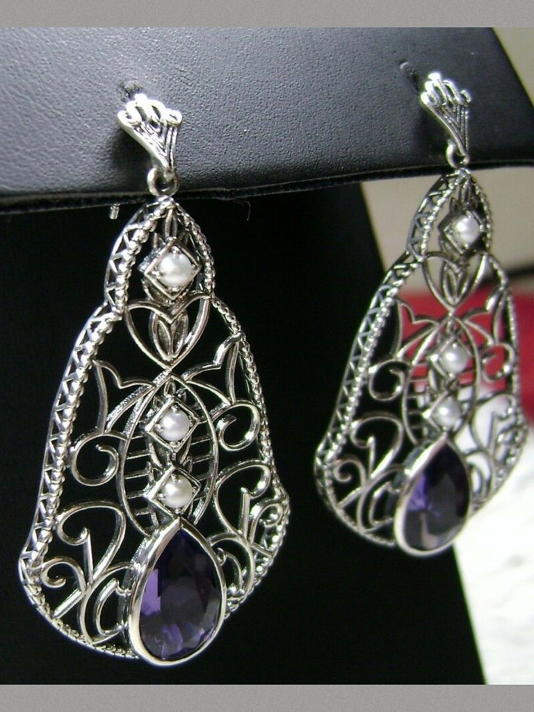 Purple Amethyst Earrings with Pearl Accents, Lavalier Earrings, Sterling Silver Filigree, Victorian Jewelry, Silver Embrace Jewelry E22
