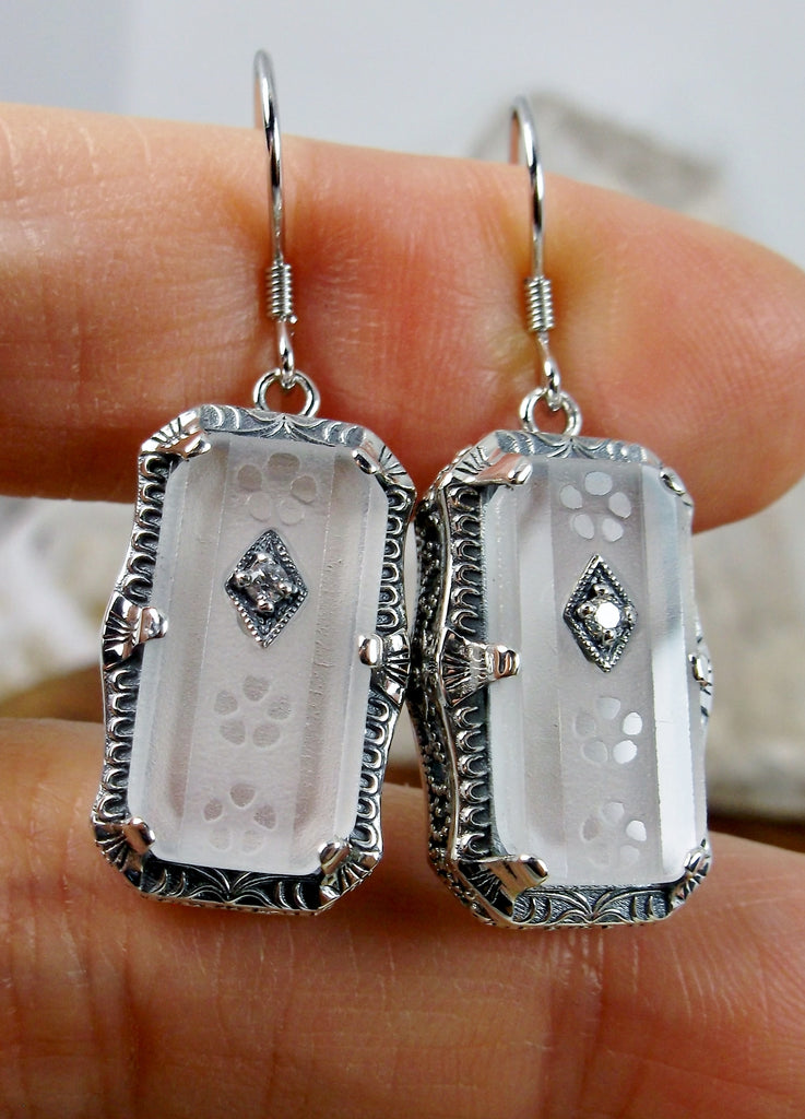 Earrings, frosted white carved camphor glass, sterling silver filigree, 1915 design #E232, Silver Embrace Jewelry